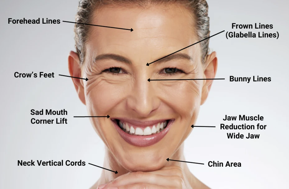 Diagram of the facial areas anti-wrinkle treatment can help: forehead lines, frown lines, crow's feet, bunny lines, sad mouth corners, jaw, chin and neck cords