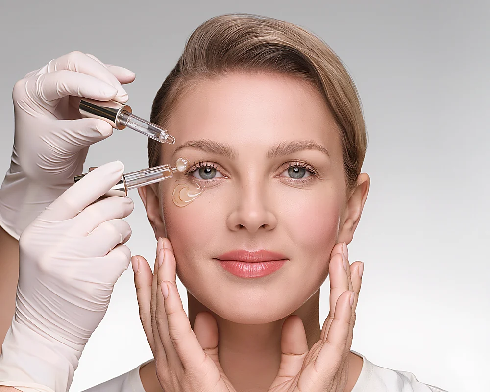 Anti-wrinkle treatment — a woman's face with serum applied under the eye by a gloved professional