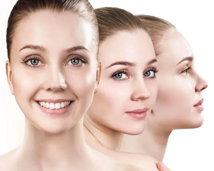 Woman with clear, healthy, glowing skin shown from three angles