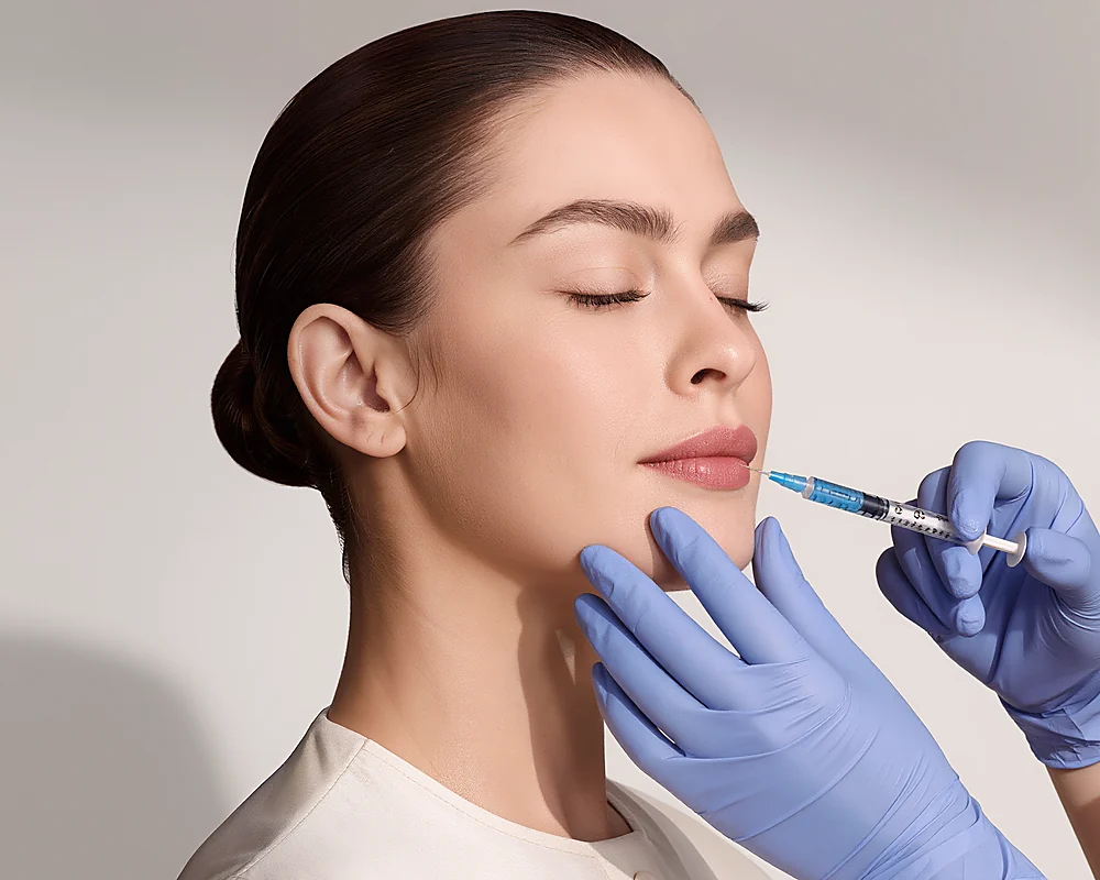 Dermal filler treatment — a woman receiving lip filler from a gloved professional