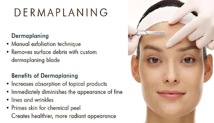 Dermaplaning explained: a manual exfoliation technique and its benefits, shown with a treatment photo